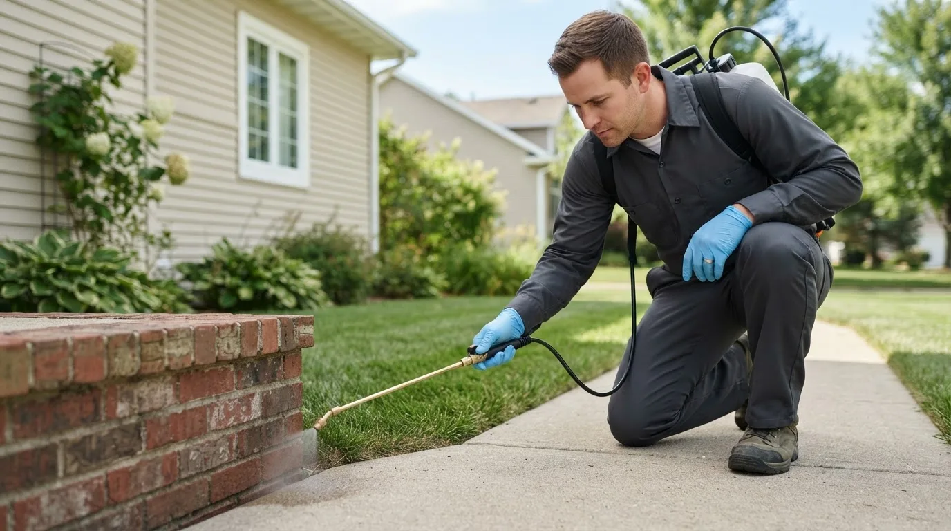 Pest control technician treating a home near Coal Valley, IL